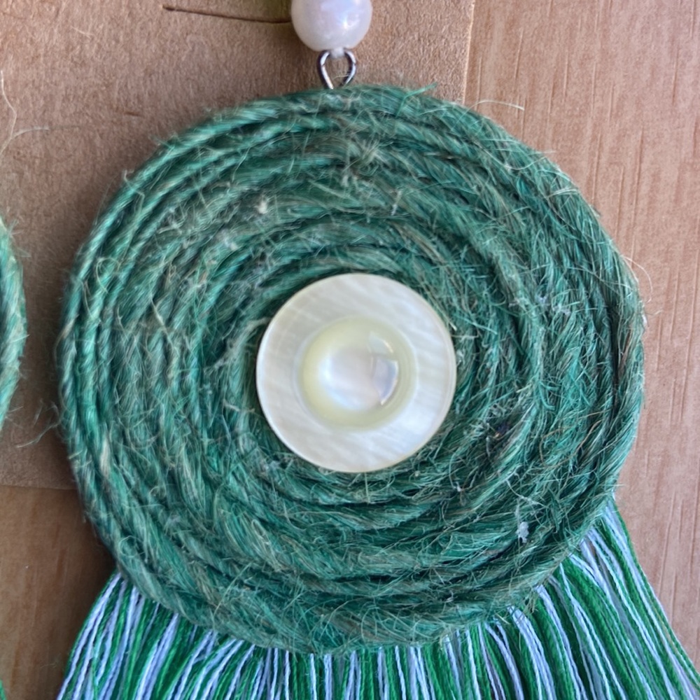Handmade Jute, Beads And Fringed Tassel Earrings Green Color - Picture 3 of 5
